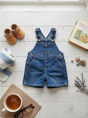 OshKosh B'Gosh Blue Dark Denim Shortalls Sz 18M Vestback Snap Crotch Overalls